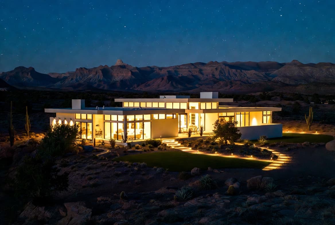 The same custom home fully lit with interior, exterior, and landscape lighting