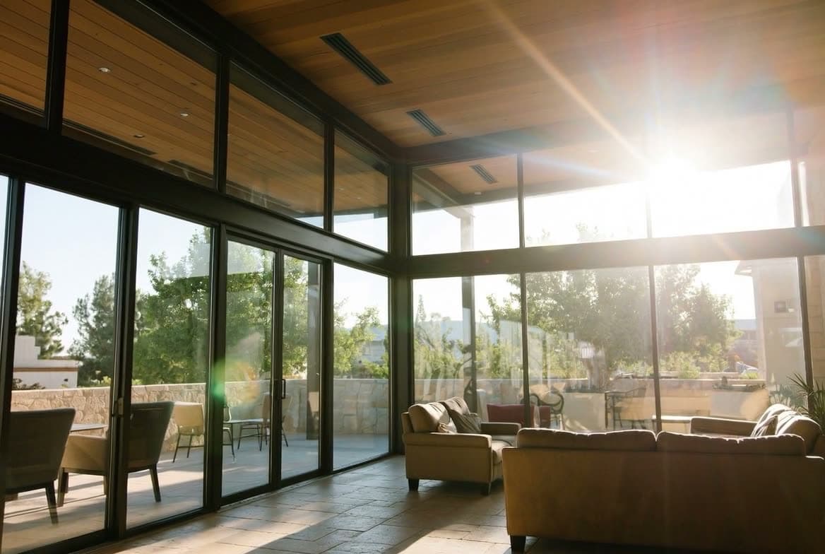 Bright, comfortable living room with floor-to-ceiling windows on a sunny day